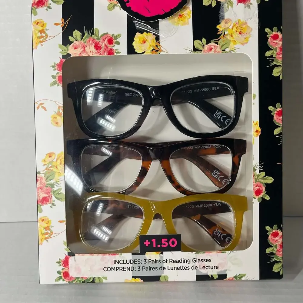 Betsey Johnson 3 Pack Reading Glasses +1.50 New In Box Black, Tortoise, Yellow